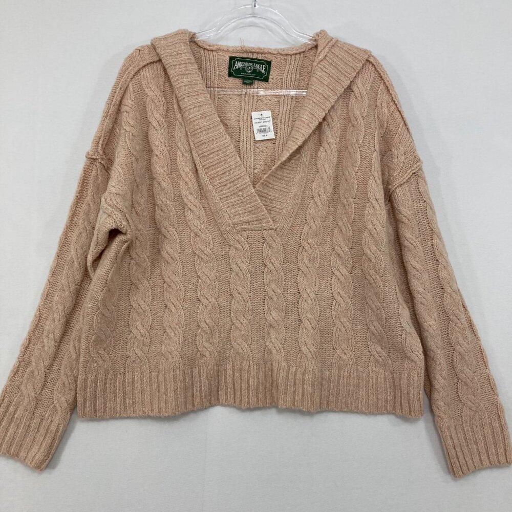 New American Eagle size Small Mauve Tan Cable Knit Hooded‎ Oversized Sweater